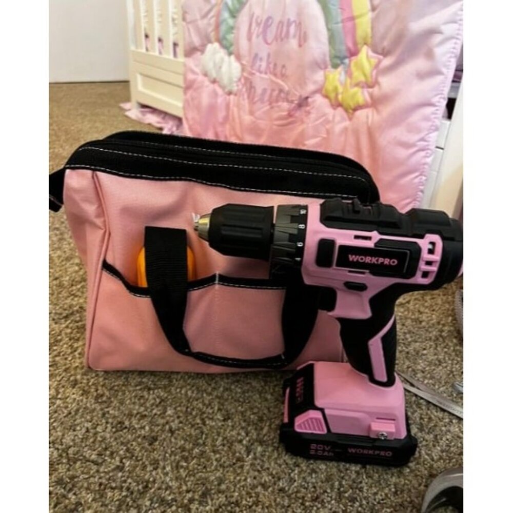 20V Pink Cordless Drill Driver Set, 3/8” Keyless Chuck, 2.0 Ah Li-ion Battery